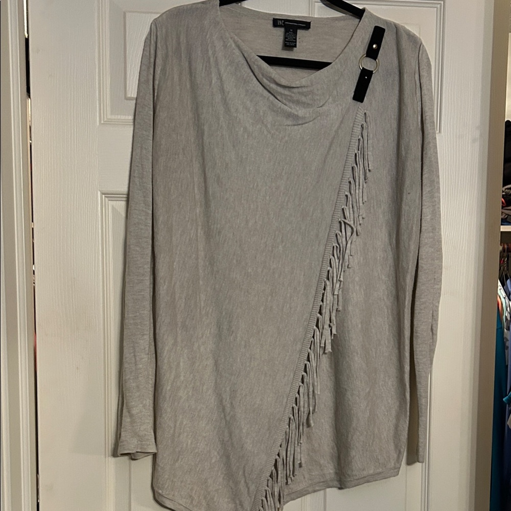 INC International Concepts Gray Fringe Long Sleeve Top Size Medium